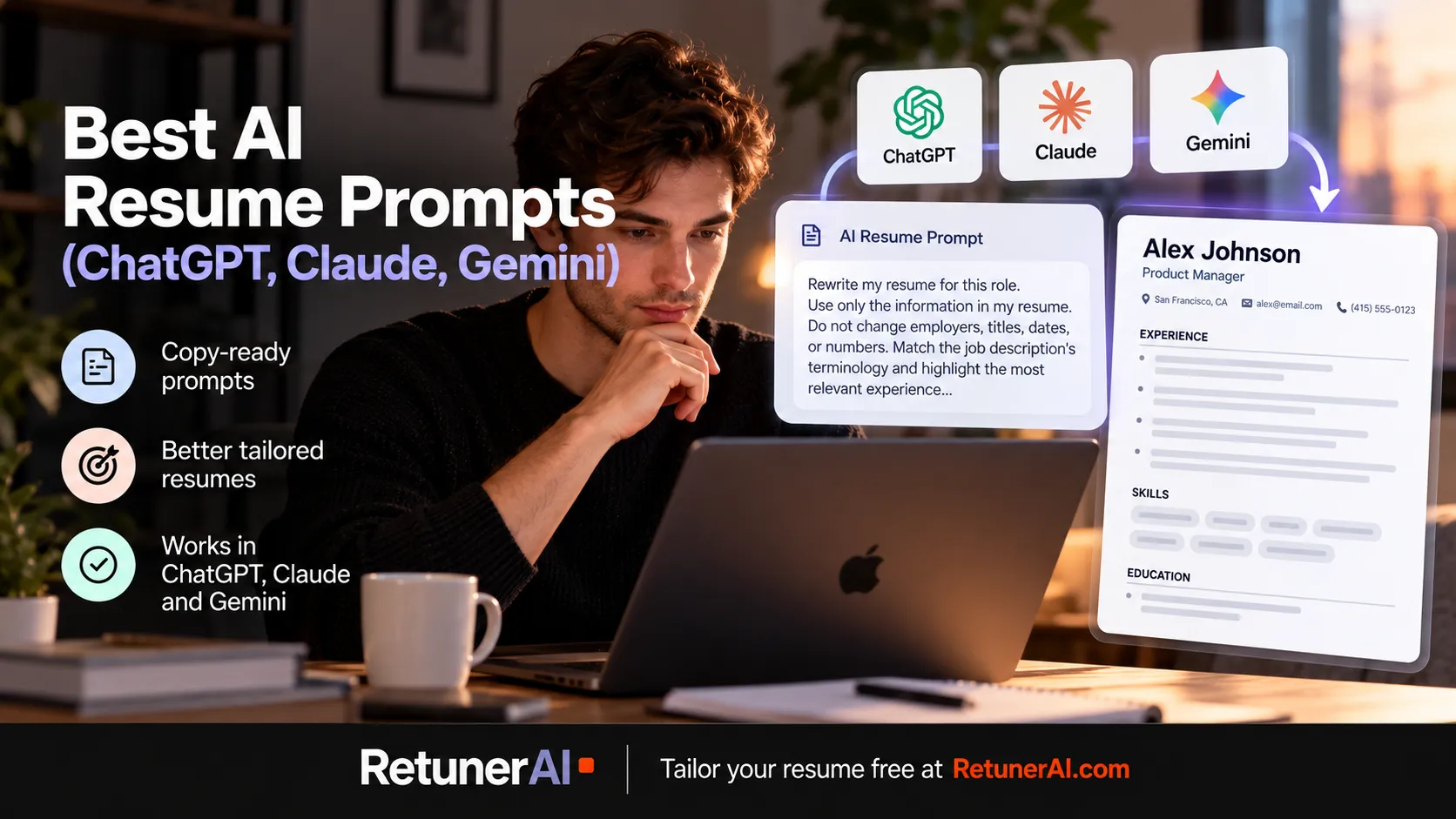 Resume prompts for ChatGPT, Claude and Gemini next to a tailored resume