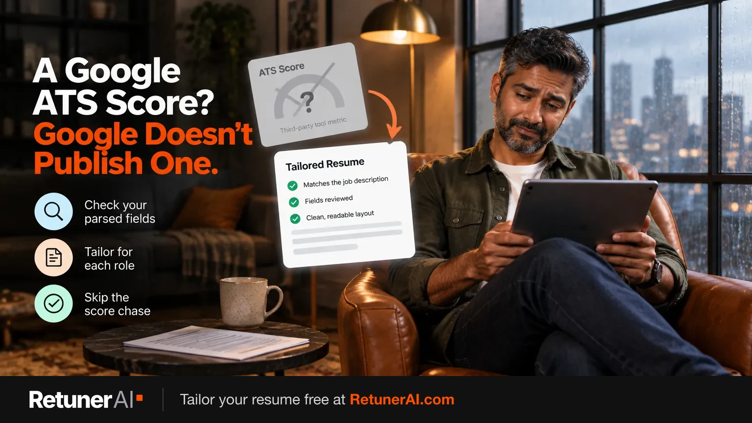 Job seeker in a leather armchair reviewing a tablet beside a generic ATS score card marked with a question mark and a tailored resume checklist card