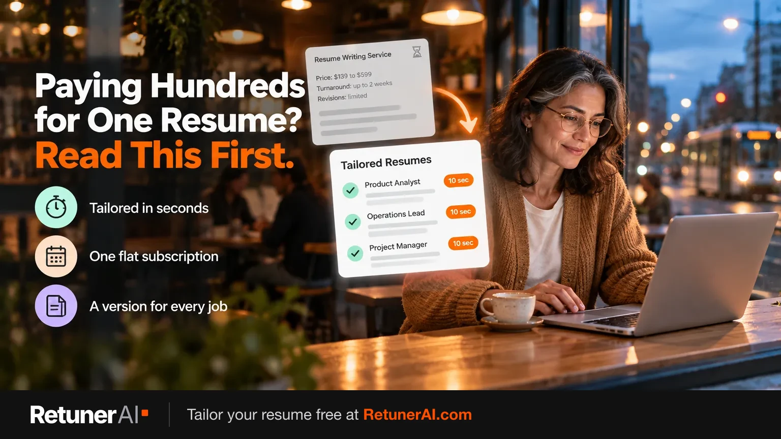 A woman at a cafe window bar at dusk works on her laptop beside cards comparing a resume writing service's price and turnaround with tailored resumes ready in about 10 seconds