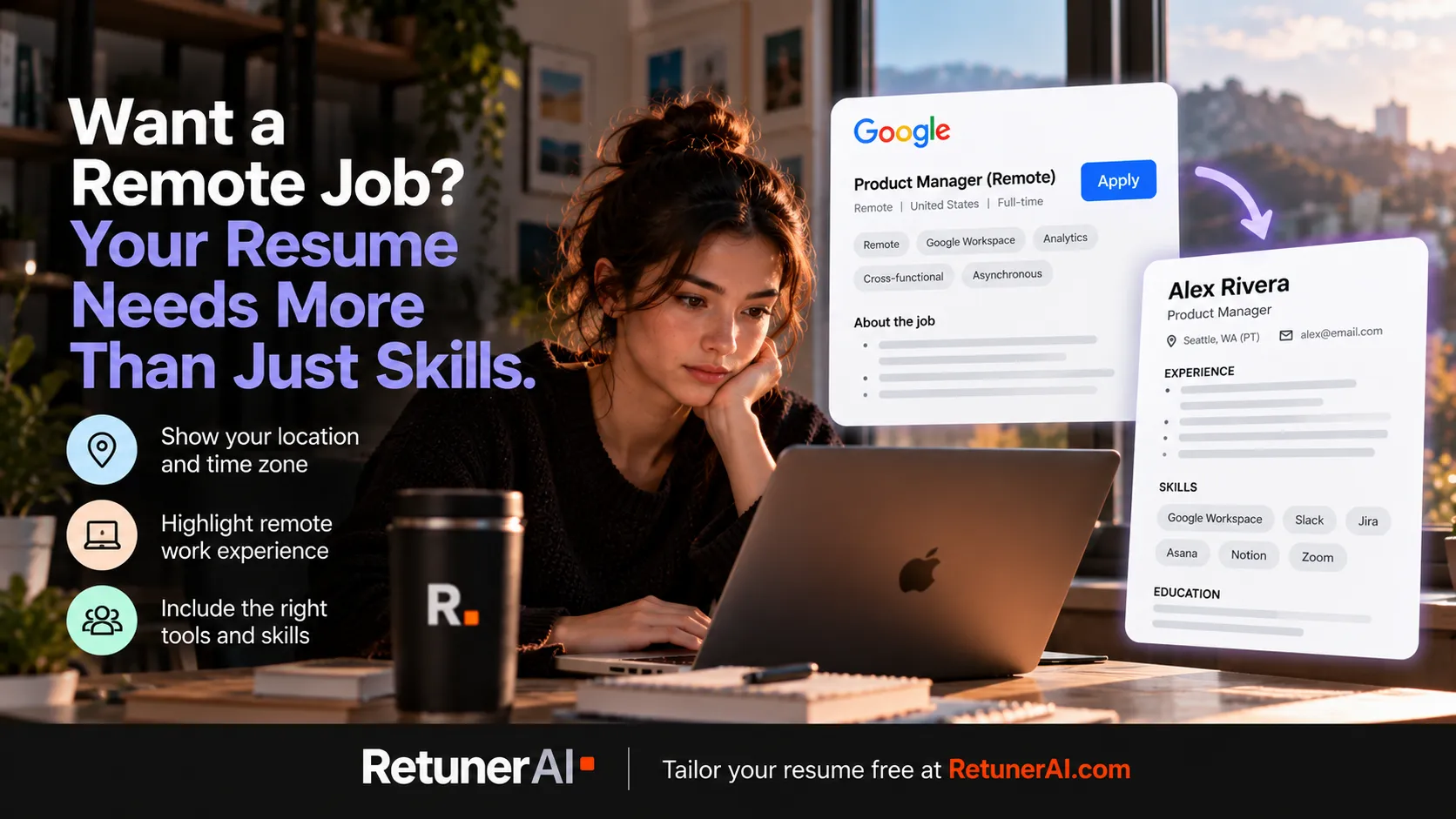 Remote job posting next to a resume tailored for a remote role