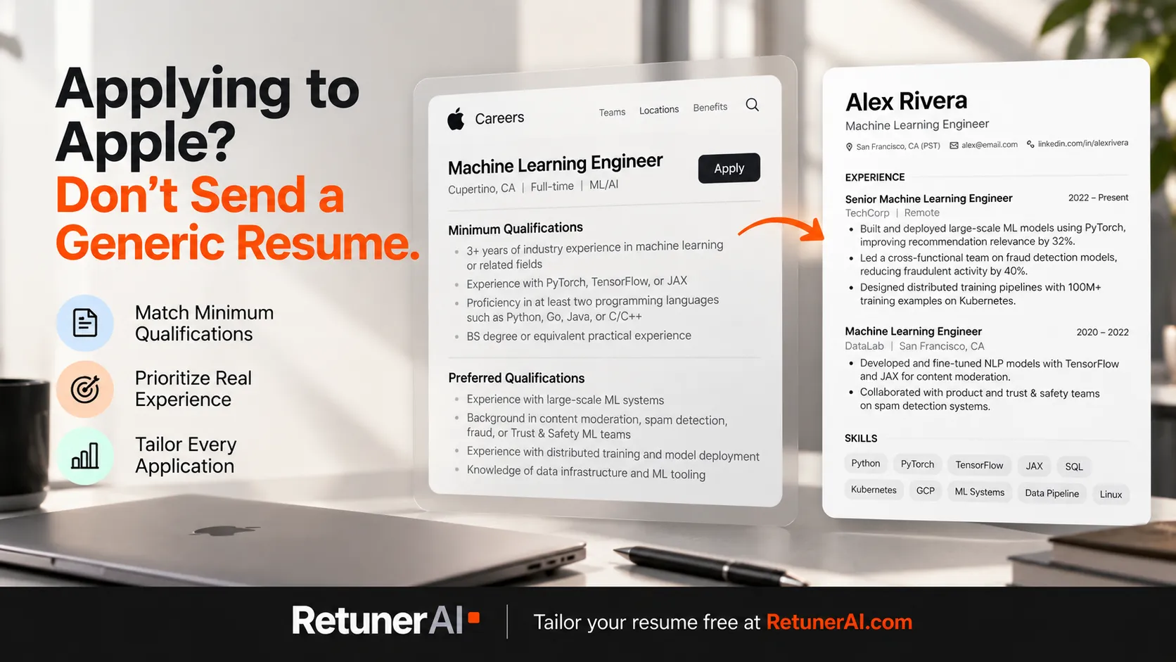 Apple job posting qualifications next to a tailored resume