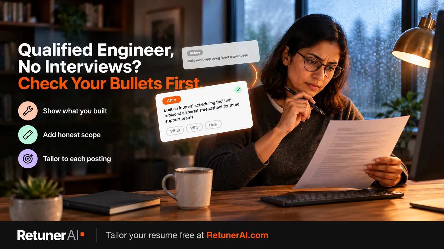 Software engineer at a desk on a rainy morning reviewing her printed resume, with a vague "before" bullet rewritten as a specific "after" bullet showing what she built, why, and how