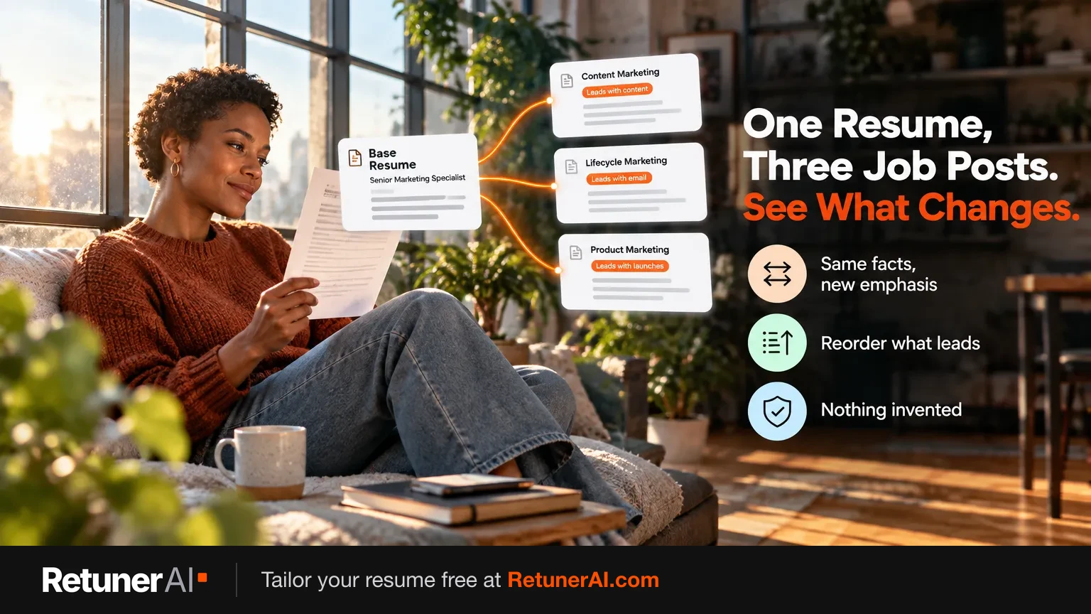 A woman in a rust sweater reads a printed resume by a sunlit loft window as a Base Resume card branches into three tailored versions for content, lifecycle and product marketing roles